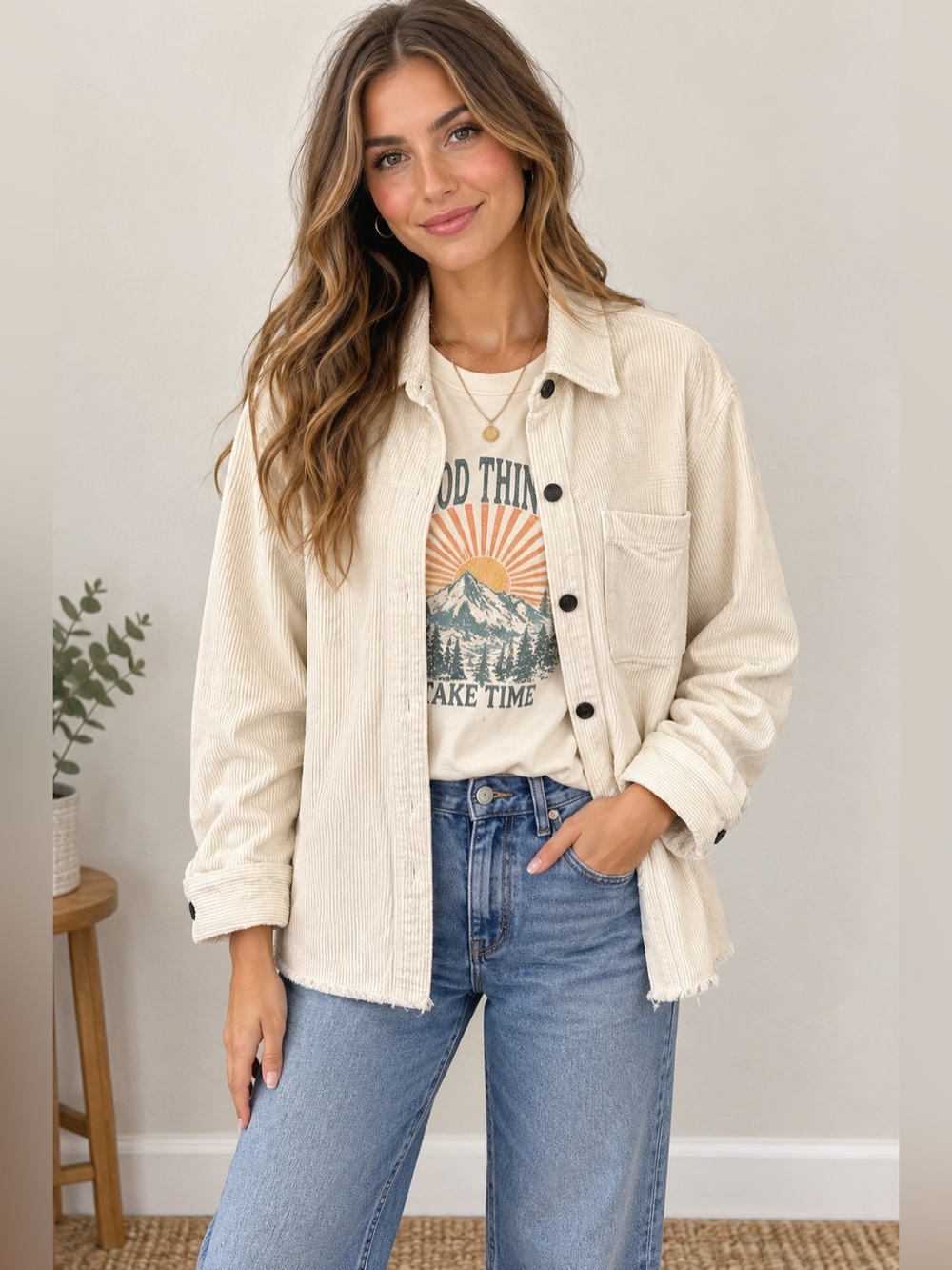 Women's Cream Corduroy Button-Up Jacket